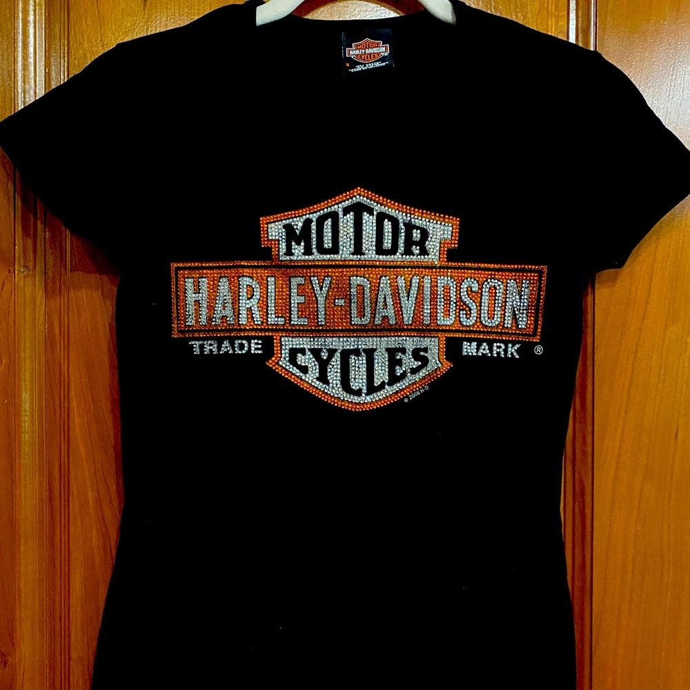 Harley Davidson Motorcycle bling sparkle logo shirt biker babe
